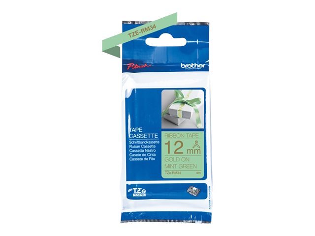 Brother TZe-RM34 - Satin - gold on mint green - Roll (1.2 cm x 4 m) 1 cassette(s) ribbon tape - for P-Touch PT-E310BTVP, P-Touch Embellish