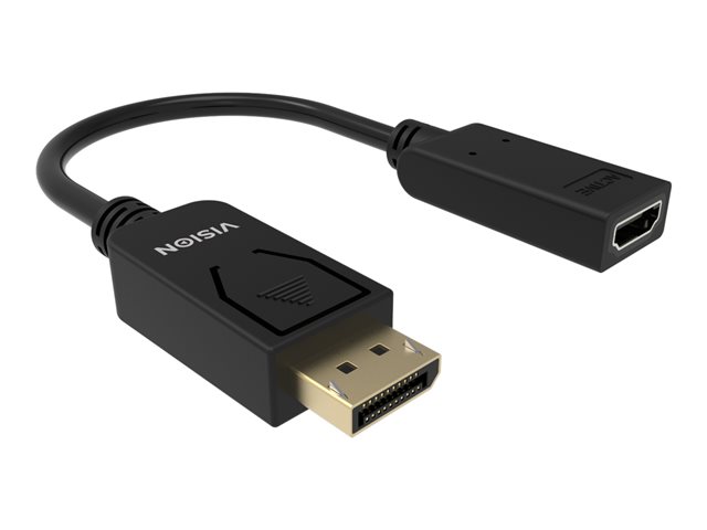 VISION Professional installation-grade DisplayPort to HDMI adaptor - LIFETIME WARRANTY - 4K 60Hz - DP version 1.3 - gold connectors - HDMI 2.0 - does not convert HDMI to DP - hotplug - DP (M) to HDMI (F) - outer diameter 5.5 mm - 30 AWG - overall length 225 mm - black
