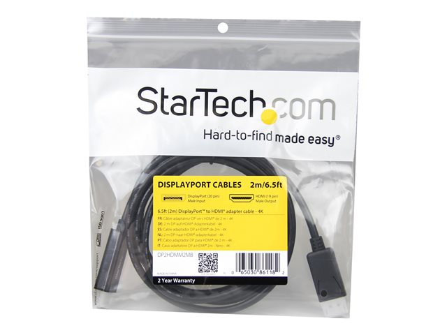 StarTech.com 6.5 ft / 2m DisplayPort to HDMI converter cable - 4K (DP2HDMM2MB) - Adapter cable - DisplayPort male to HDMI male - 2 m - black - 4K support - for P/N: DK30CH2DEP, DK30CH2DEPUE, DK30CH2DPPD, DK30CH2DPPDU, DK30CHDDPPD, DK30CHDPPDUE