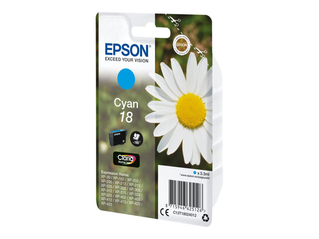 Epson 18 - 3.3 ml - cyan - original - ink cartridge - for Expression Home XP-212, 215, 225, 312, 315, 322, 325, 412, 415, 422, 425