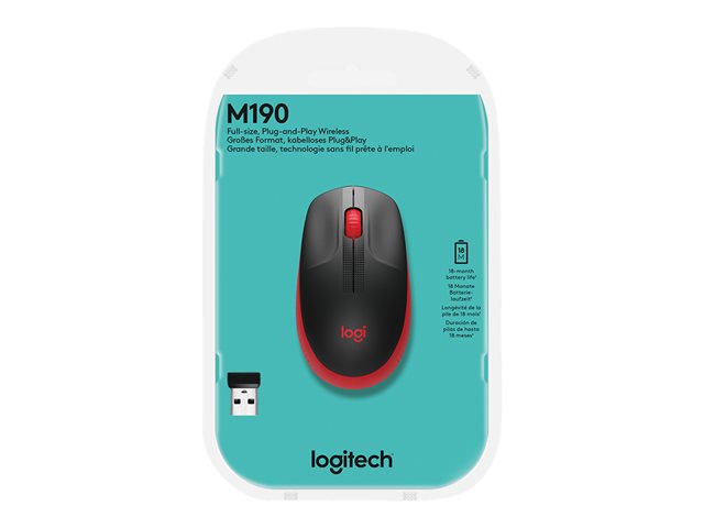 Logitech M190 - Mouse - optical - 3 buttons - wireless - USB wireless receiver - red