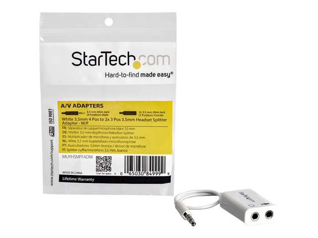 StarTech.com 4 Position Microphone and Headphone Splitter 3.5 mm 4 Pin / 4 Pole Mic and Audio Combo Splitter Cable (MUYHSMFFADW) - Headset splitter - mini-phone stereo 3.5 mm female to 4-pole mini jack male - 15.25 cm - white - for P/N: MUHSMF2M