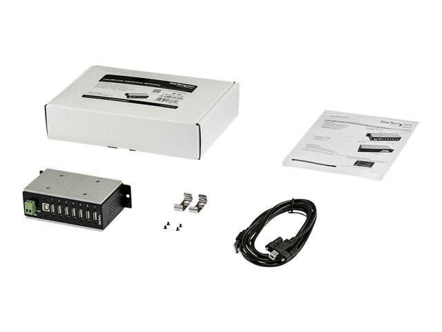 StarTech.com 7 Port USB 2.0 Hub, Metal Industrial USB-A Hub (7x USB-A) with ESD & Surge Protection, Extended Operating Temp -40 to 185°F, Din Rail/Wall/Desk Mountable, USB Expander, Rugged - Windows/macOS/Linux (HB20A7AME) - Hub - 7 x USB 2.0 - DIN rail mountable - DC power - TAA Compliant - for P/N: ITB20D3250