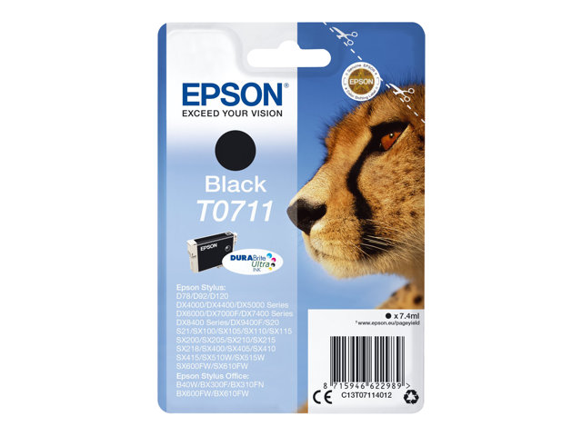 Epson T0711 - 7 ml - black - original - blister with RF alarm - ink cartridge - for Stylus D120, DX4400, DX4450, S20, S21, SX100, SX110, SX115, Stylus Office B1100, B40W