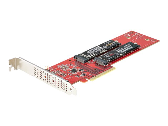 StarTech.com Dual M.2 PCIe SSD Adapter Card, x8 / x16 Dual NVMe or AHCI M.2 SSD to PCI Express 4.0, Up to 7.8GBps/Drive, For 2242/2260/2280/22110mm PCIe M-Key M2 SSDs, Bifurcation Required - PC/Linux Compatible (DUAL-M2-PCIE-CARD-B) - Interface adapter - M.2 - Expansion Slot to 2 x M.2 - M.2 Card - low profile - RAID RAID 0, 1, JBOD - PCIe 4.0 x16/x8 - red