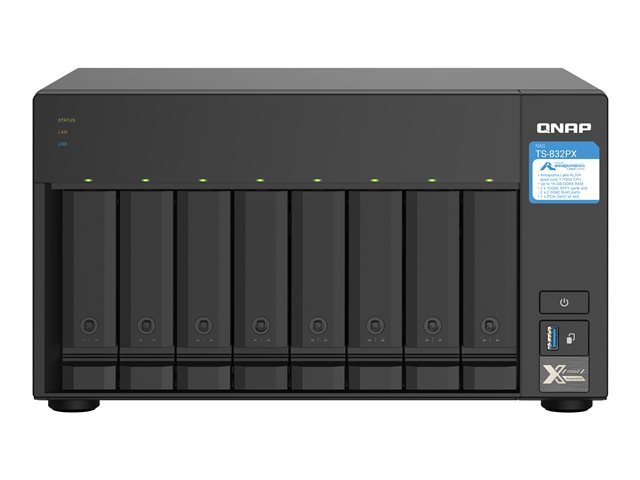 QNAP TS-832PX-4G - NAS server - 8 bays - SATA 6Gb/s - RAID RAID 0, 1, 5, 6, 10, 50, 60, JBOD - RAM 4 GB - Gigabit Ethernet / 2.5 Gigabit Ethernet / 10 Gigabit Ethernet - iSCSI support