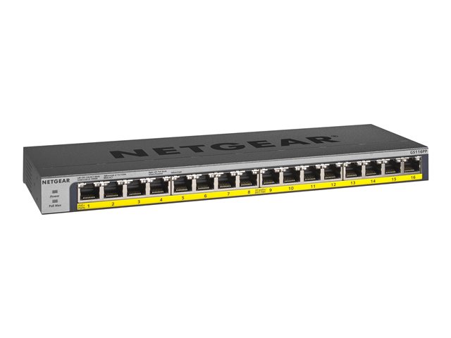 NETGEAR GS116LP - Switch - 16 x 10/100/1000 (PoE+) - desktop, rack-mountable, wall-mountable - PoE+ (76 W) - DC power