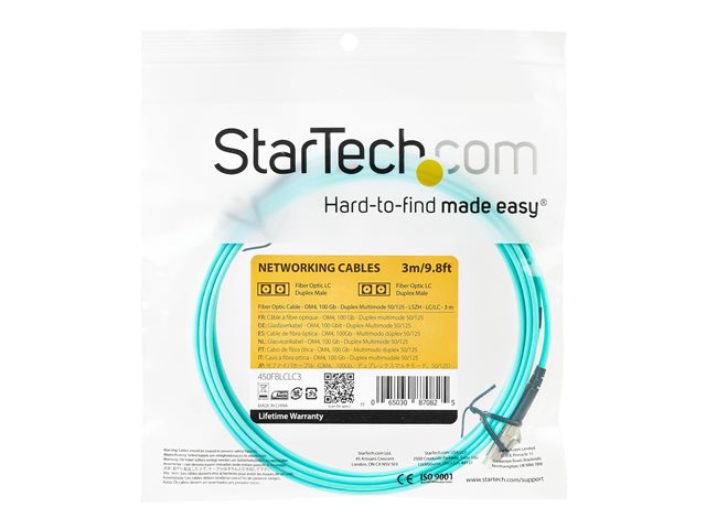 StarTech.com Aqua OM4 Duplex Multimode Fiber - 3m/ 9 ft - 100 Gb - 50/125 - OM4 Fiber - LC to LC Fiber Patch Cable (450FBLCLC3) - Network cable - LC multi-mode (M) to LC multi-mode (M) - 3 m - fibre optic - duplex - 50 / 125 micron - OM4 - aqua