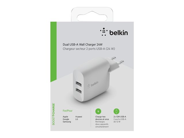 Belkin BoostCharge - Power adapter - 24 Watt - QC 3.0 - 2 output connectors (USB) - white