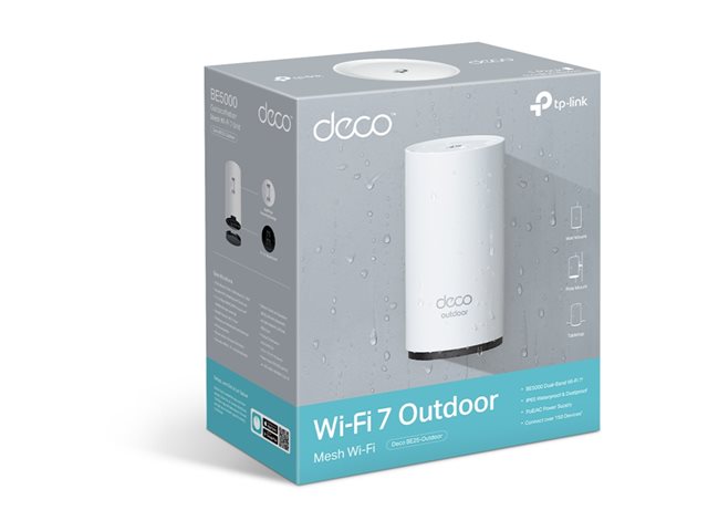 Deco BE25-Outdoor(1-pack)BE3600 Outdoor / Indoor Mesh WiFi 7 Router3.6 Gbps Dual-Band WiFi – 2882 Mbps (5 GHz) + 688 Mbps (2.4 GHz).†2.5 Gbps Wired Connections – 2× 2.5 Gbps ports ensure max flexibility and boosted throughput.§Multiple mount options