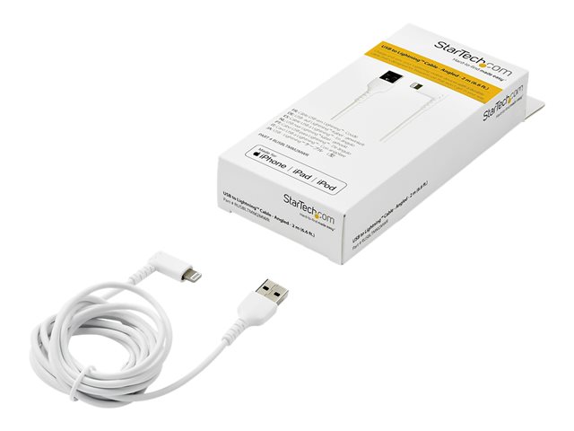 StarTech.com 6ft (2m) Durable USB A to Lightning Cable, White 90° Right Angled Heavy Duty Rugged Aramid Fiber USB Type A to Lightning Charging/Sync Cord, Apple MFi Certified, iPhone 12 Pro - iPhone 7/8/11/11 Pro - Lightning cable - Lightning male angled to USB male - 2 m - double shielded - white
