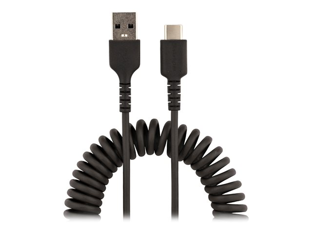 StarTech.com 3ft (1m) USB A to C Charging Cable, Coiled Heavy Duty Fast Charge & Sync USB-C Cable, High Quality USB 2.0 A to Type-C, Rugged Aramid Fiber, TPE, 3A, S20, iPad, Pixel - Durable Male to Male USB, Black - USB cable - USB (M) to 24 pin USB-C (M) - USB 2.0 - 3 A - 1 m - coiled - black