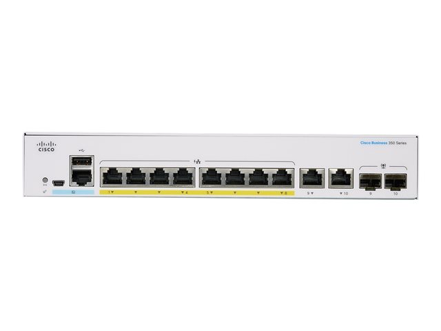 Cisco Business 350 Series 350-8FP-2G - Switch - L3 - Managed - 8 x 10/100/1000 (PoE+) + 2 x combo Gigabit Ethernet/Gigabit SFP - rack-mountable - PoE+ (120 W)