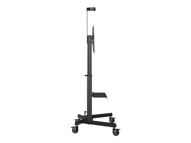 VISION Premium Display Floor Stand - LIFETIME WARRANTY - Aluminium construction - Trolley fits displays 31-80\" with VESA sizes up to 600 x 400 - rotates portrait to landscape - crank handle adjusts height - tilt adjustment - Large shelf for laptop or video bar included - VC shelf included - 100 mm premium all locking wheels - SWL 60 kg - Black