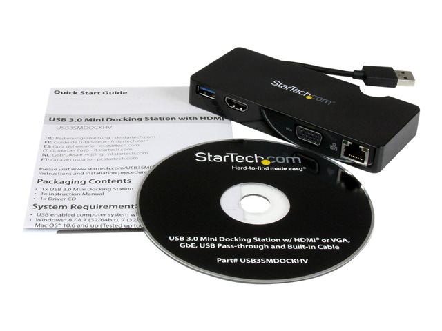 StarTech.com USB 3.0 to HDMI or VGA Adapter Dock - USB 3.0 Mini Docking Station w/ USB, GbE Ports - Portable Universal Laptop Travel Hub (USB3SMDOCKHV) - Docking station - USB - HDMI - 1GbE - for P/N: ARMPIVOT, ARMPIVOTE, ARMPIVSTND, ARMSLIM, ARMUNONB