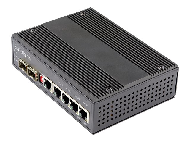 StarTech.com Industrial 6 Port Gigabit Ethernet Switch, 4 PoE RJ45 +2 SFP Slots 30W PoE+ 12-48VDC 10/100/1000 Rugged Power Over Ethernet LAN Switch -40C to 75C, DIN Mountable, Hardened - Fast Ethernet Switch (IES1G52UP12V) - Switch - 1 x 10/100/1000 + 4 x 10/100/1000 (PoE+) + 2 x SFP - DIN rail mountable - PoE+ (120 W) - DC power