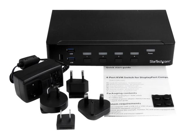StarTech.com 4 Port DisplayPort KVM Switch - DP KVM Switch with Audio and Built-in USB 3.0 Hub for Peripherals - 4K 30Hz (SV431DPU3A2) - KVM / USB switch - 4 x KVM / audio / USB + 3 x SuperSpeed USB - 1 local user - rack-mountable - AC 120/230 V / DC 9 - 12 V - for P/N: SV431RACK
