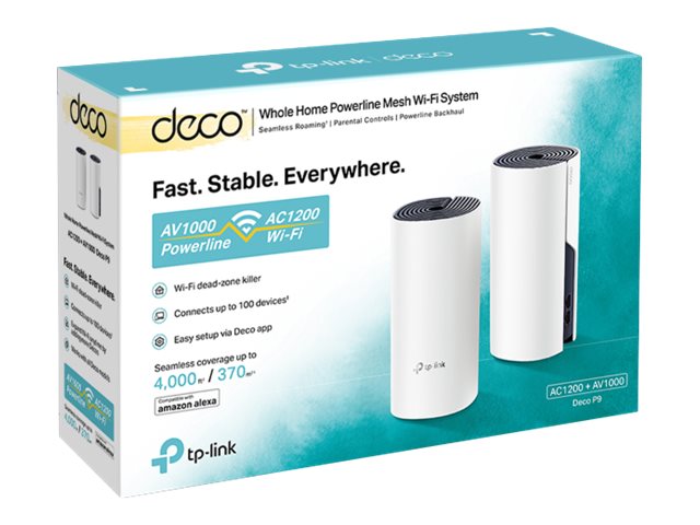 TP-Link Deco P9 - V2 - powerline adapter - (2 routers) - up to 370 sq.m - mesh 2-port switch - 1GbE, HomePlug AV (HPAV), HomePlug AV (HPAV) 2.0 - WAN ports: 2 - Wi-Fi 5 - Dual Band