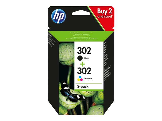 HP 302 - 2-pack - black, colour (cyan, magenta, yellow) - original - ink cartridge - for Deskjet 11XX, 21XX, 36XX, Envy 451X, 452X, Officejet 38XX, 46XX, 52XX