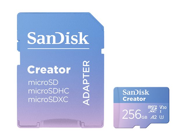 SanDisk Creator - Flash memory card (microSDXC to SD adapter included) - 256 GB - A2 / Video Class V30 / UHS-I U3 - microSDXC UHS-I