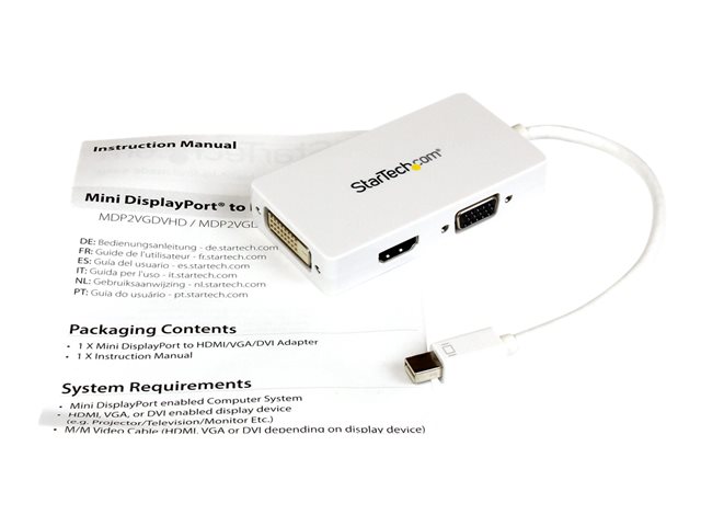 StarTech.com Travel A/V Adapter: 3-in-1 Mini DisplayPort to VGA DVI or HDMI Converter - White (MDP2VGDVHDW) - Video converter - DisplayPort - DVI, HDMI, VGA - white - for Apple MacBook Air