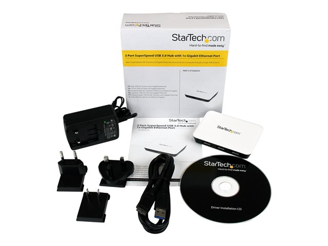 StarTech.com USB 3.0 to Gigabit Ethernet NIC Network Adapter with 3 Port Hub - White - USB 3 Ethernet Adapter - USB Charging Hub (ST3300U3S) - Hub - 3 x SuperSpeed USB 3.0 + 1 x 10/100/1000 - desktop