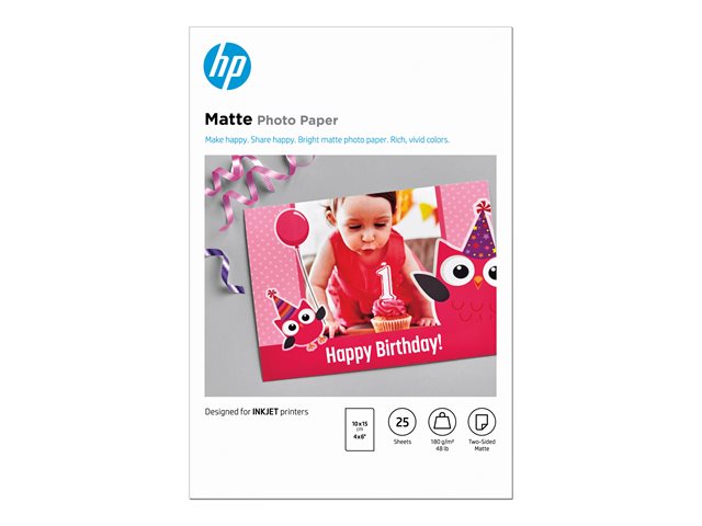 HP - Matte - 8.8 mil - 100 x 150 mm - 180 g/m² - 25 sheet(s) photo paper - for Deskjet Ink Advantage 1275, Officejet 38XX, 46XX, 52XX, 57XX, 68XX, 69XX, 80XX, 8702, 9012