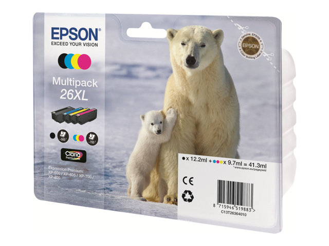 Epson 26XL Multipack - 4-pack - XL - black, yellow, cyan, magenta - original - ink cartridge - for Expression Premium XP-510, 520, 600, 605, 610, 615, 620, 625, 700, 710, 720, 800, 810, 820
