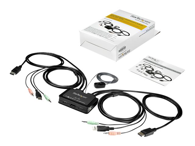 StarTech.com 2 Port DisplayPort KVM Switch, 4K 60Hz, Compact Dual Port UHD DP 1.2 USB Desktop KVM Switch w/ Integrated 4ft Cables & Audio, Bus Powered & Remote Switching, MacBook ThinkPad - 4K KVM Switch w/ Audio (SV211DPUA4K) - KVM / audio switch - 2 x KVM / audio - desktop