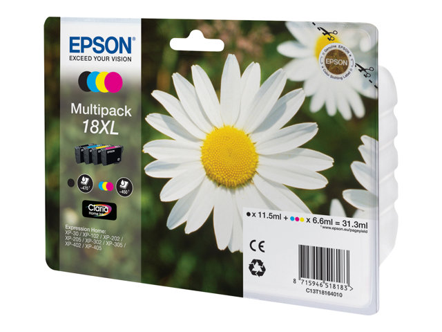 Epson 18XL Multipack - 4-pack - XL - black, yellow, cyan, magenta - original - blister with acoustic / electromagnetic alarm - ink cartridge (pack of 30) - for Expression Home XP-212, 215, 225, 312, 315, 322, 325, 412, 415, 422, 425