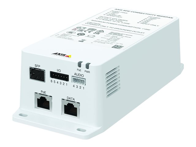 AXIS TU8003 - PoE injector - connectivity midspan - AC 100-240 V - 90 Watt - Ethernet 10/100/1000 - 1.8 m cord - Europe - white, NCS S 1002-B - TAA Compliant - for Axis C1110-E