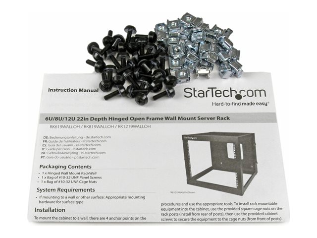 StarTech.com 12U Hinged Open Frame Wall Mount Server Rack - 4 Post 22 in. Depth Network Equipment Rack Cabinet - 140 lbs capacity (RK1219WALLOH) - Rack - wall mountable - black - 12U - 22\"