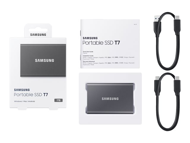 Samsung T7 MU-PC1T0T - Solid state drive - encrypted - 1 TB - external (portable) - USB 3.2 Gen 2 (USB-C connector) - 256-bit AES - titan grey