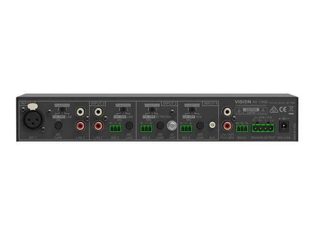 VISION Professional Digital Audio Mixer Amplifier - LIFETIME WARRANTY - 2 x 50w (RMS @ 8 Ohms) - RS-232 - Bluetooth (renameable, set pin) - 4 x inputs each either line-level or Mic (balanced with trim adjustment and switchable phantom power) - pre-mi