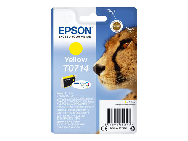 Epson T0714 - 5.5 ml - yellow - original - blister with RF alarm - ink cartridge - for Stylus DX9400, SX115, SX210, SX215, SX218, SX415, SX515, SX610, Stylus Office BX310, BX610