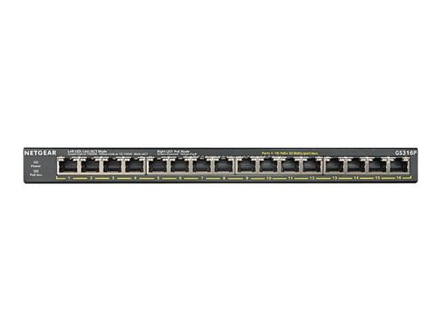 NETGEAR GS316P - Switch - unmanaged - 16 x 10/100/1000 (PoE+) - desktop, wall-mountable - PoE+ (115 W)