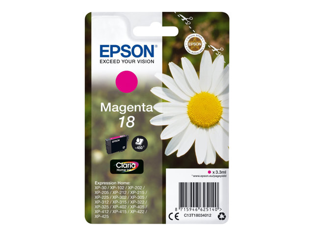 Epson 18 - 3.3 ml - magenta - original - blister with RF/acoustic alarm - ink cartridge - for Expression Home XP-212, 215, 225, 312, 315, 322, 325, 412, 415, 422, 425