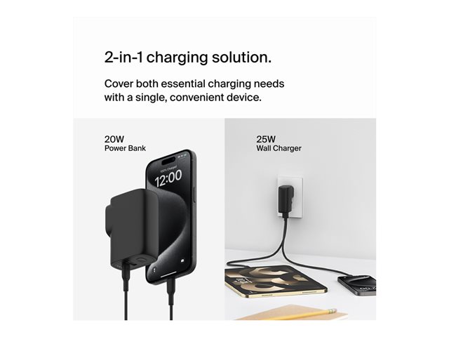 Belkin BoostCharge - Power bank / power adapter - 5000 mAh - 25 Watt - Fast Charge, PD 3.0 - 2 output connectors (USB, 24 pin USB-C) - black