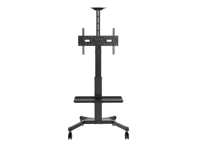VISION Premium Display Floor Stand - LIFETIME WARRANTY - Aluminium construction - Trolley fits displays 31-80\" with VESA sizes up to 600 x 400 - rotates portrait to landscape - crank handle adjusts height - tilt adjustment - Large shelf for laptop or video bar included - VC shelf included - 100 mm premium all locking wheels - SWL 60 kg - Black