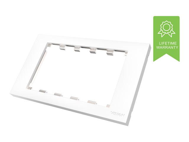 VISION Techconnect Modular AV Faceplate - LIFETIME WARRANTY - Double-Gang UK surround - frame which accommodates 5 modules - fits to TC3 BACKBOX2G, TC3 BACKBOX2GT, or TC2 MUDRING2G, or any standard double-gang UK backbox (pattress) 146 x 86mm / 5.8 x 3.4\" - plastic - white