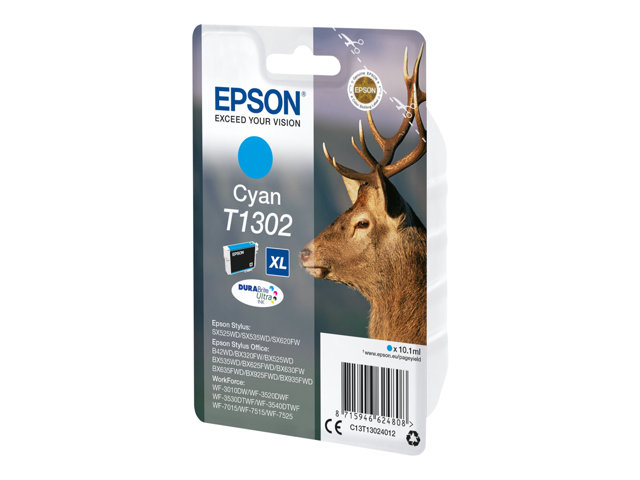 Epson T1302 - 10.1 ml - cyan - original - hang pack - ink cartridge (alternative for: Epson T1302) - for Stylus Office BX630, BX635, BX935, WorkForce WF-3010, 3520, 3530, 3540, 7015, 7515, 7525