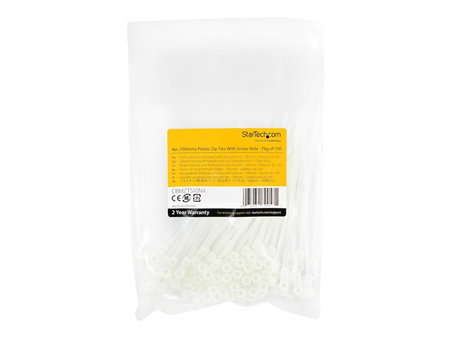 StarTech.com 10cm(4\") Cable Ties with Mounting Hole, 2mm(1/16\") wide, 24mm(7/8\") Bundle Dia. 8kg(18lb) Tensile Strength, Nylon 66 Self Locking Ties with Screw Hole, UL Listed, 100 Pack - UL94 V-2 Rated - TAA (CBMZTS10N4) - Cable tie - 10.16 cm - whit