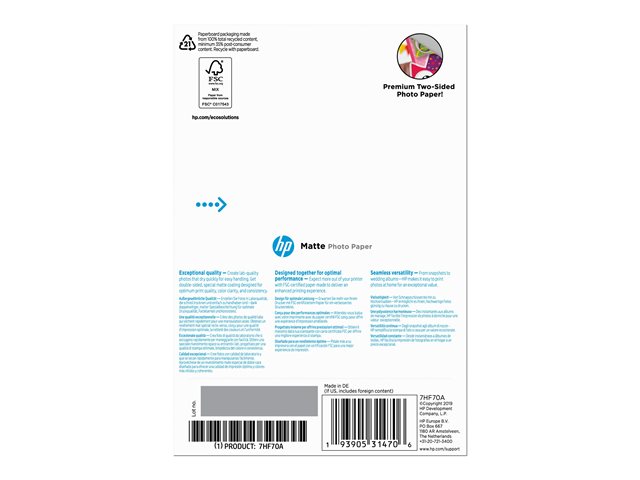 HP - Matte - 8.8 mil - 100 x 150 mm - 180 g/m² - 25 sheet(s) photo paper - for Deskjet Ink Advantage 1275, Officejet 38XX, 46XX, 52XX, 57XX, 68XX, 69XX, 80XX, 8702, 9012