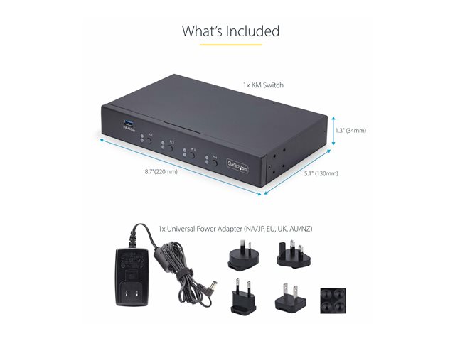 StarTech.com 4-Port KM Switch with Mouse Roaming, USB Switch for Keyboard/Mouse, 3.5mm and USB Audio, Peripheral Sharing for 4 Computers, USB 3.0 Switcher, TAA Compliant - Hotkey/Pushbutton Switching (P4A20132-KM-SWITCH) - Keyboard/mouse switch - 1 l