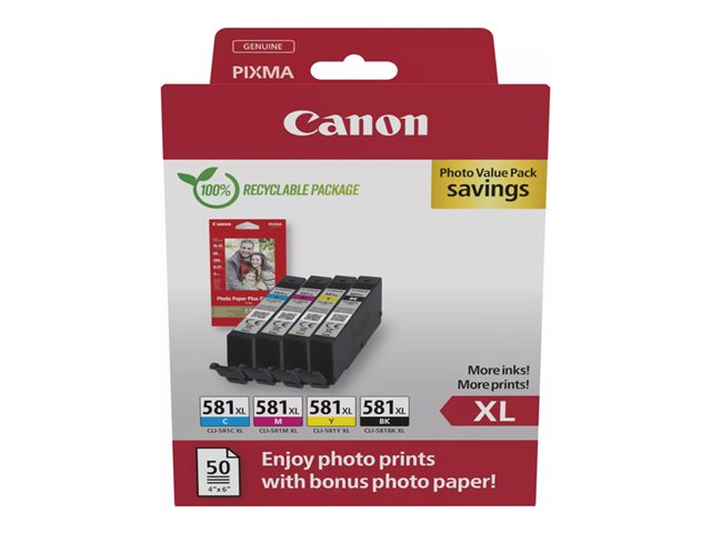 Canon CLI-581XL C/M/Y/BK Photo Value Pack - 4-pack - 8.3 ml - XL - black, yellow, cyan, magenta - original - box - ink tank / paper kit - for PIXMA TS6251, TS6350, TS6351, TS705, TS8252, TS8350, TS8351, TS8352, TS9550, TS9551