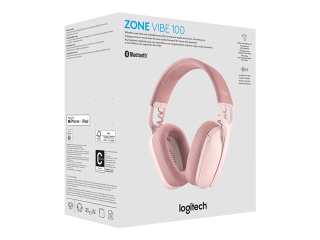 Logitech Zone Vibe 100 - Headset - full size - Bluetooth - wireless - rose