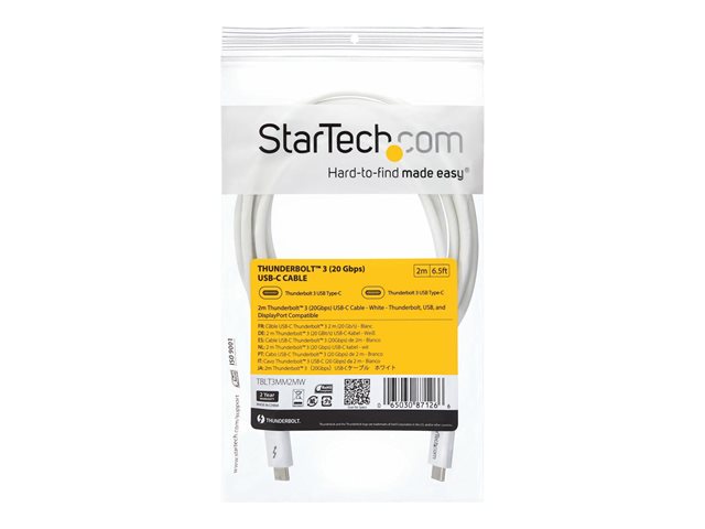 StarTech.com 6.6ft (2m) Thunderbolt 3 Cable, 20Gbps, 100W PD, 4K Video, Thunderbolt-Certified, Compatible w/ TB4/USB 3.2/DisplayPort - Thunderbolt cable - 24 pin USB-C (M) to 24 pin USB-C (M) - USB 3.1 Gen 2 / Thunderbolt 3 / DisplayPort 1.2 - 2 m - 4K support - white - for P/N: CDP2HDUACP, CDP2HDUACPW