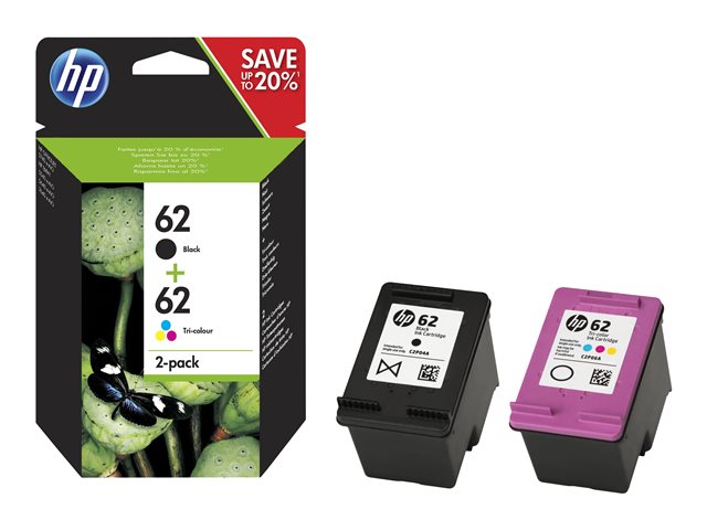 HP 62 - 2-pack - colour (cyan, magenta, yellow), pigmented black - original - black, colour (cyan, magenta, yellow) - ink cartridge - for ENVY 55XX, 56XX, 76XX, Officejet 200, 250, 252, 57XX, 8040