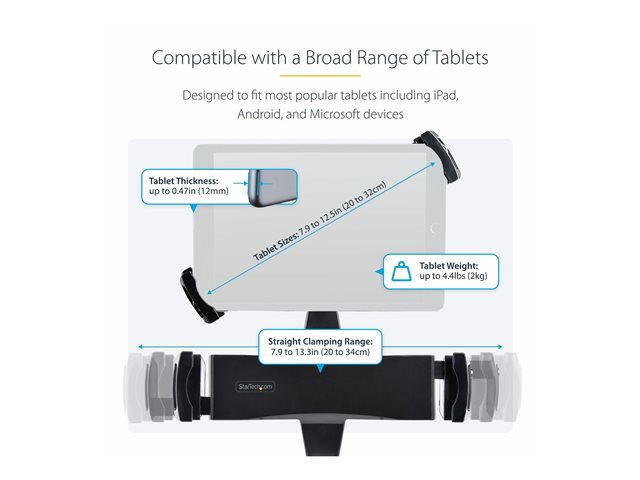StarTech.com VESA Mount Adapter for Tablets 7.9 to 12.5in - Up to 2kg (4.4lb) - 75x75/100x100 VESA Patterns - Universal Anti-Theft Tablet VESA Mount Clamp - Secure Tablet Mount - Black - Mounting kit (tablet security holder, weighted plate) - for tablet - lockable - steel, plastic - black - screen size: 7.9\" - 12.5\" - arm mountable, stand mountable, VESA bracket mounting - for Apple 11-inch iPad Pro (1st generation, 2nd generation, 3rd generation)