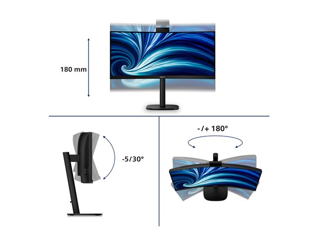 Philips 34B2U3600CH - 3000 Series - LED monitor - curved - 34\" - 3440 x 1440 WQHD @ 120 Hz - VA - 300 cd/m² - 3500:1 - HDR10 - 4 ms - HDMI, DisplayPort, USB-C - speakers - textured black